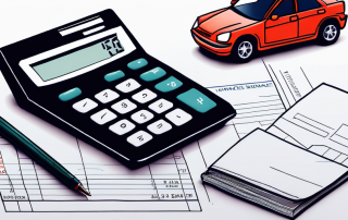 Organisierter Schreibtisch mit Versicherungsdokumenten, Taschenrechner und Modellauto zur Veranschaulichung des Vergleichs von Kfz-Versicherungen zur Budgetsicherung.