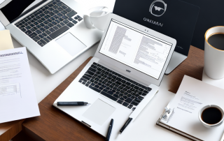 Organisierte Arbeitsfläche mit Laptop, Vergleichstabellen, Versicherungsdokumenten, Kaffee, Notizblock und Stift für methodischen Versicherungsvergleich.