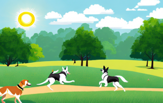 Verspielter Hund rennt freudig durch einen gruenen Park mit strahlendem Sonnenschein, andere Hunde im Hintergrund.