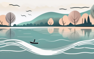 A serene landscape with a life insurance policy gently floating down a calm river