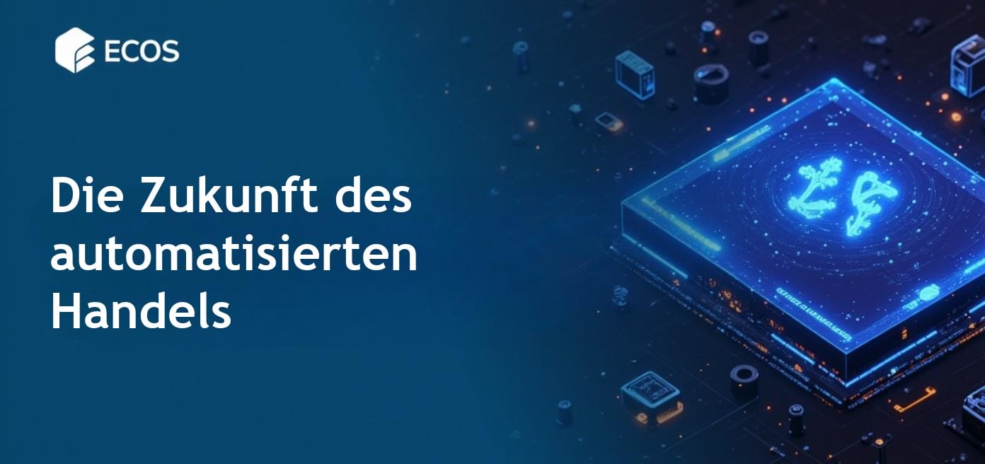 Futuristische Darstellung von KI-Handelsrobotern, die Kryptowährungstrends mit fortschrittlichen Algorithmen und digitalen Währungssymbolen analysieren.