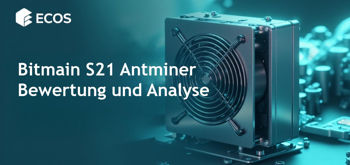 Nahaufnahme des Bitmain S21 Antminers, das seine metallische Struktur und Kühlventilatoren zeigt, mit Datenüberlagerungen, die Hasrate, Energieverbrauch und Rentabilitätsstatistiken hervorheben.