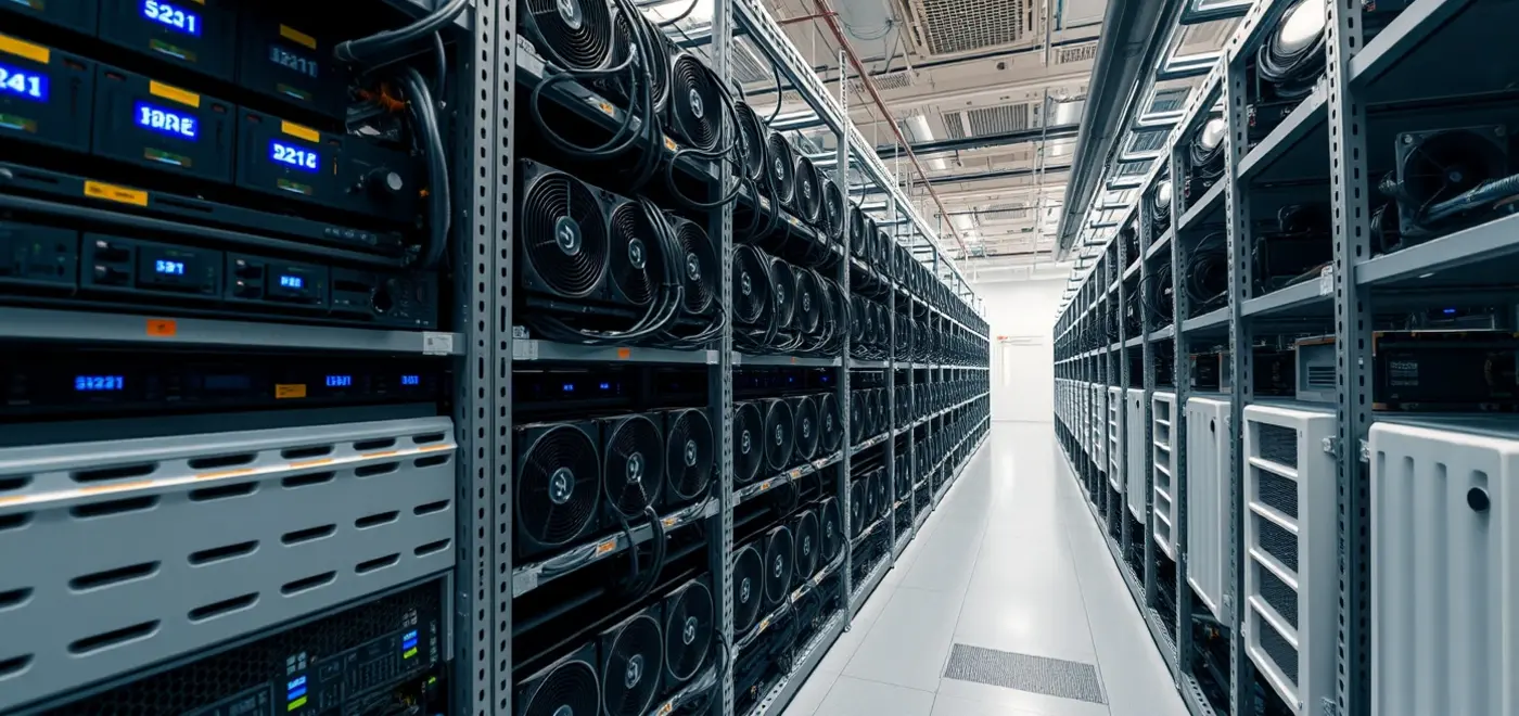 Close-up of Bitmain S21 Antminer showcasing its metallic structure and cooling fans with data overlays highlighting hashrate, power consumption, and profitability stats