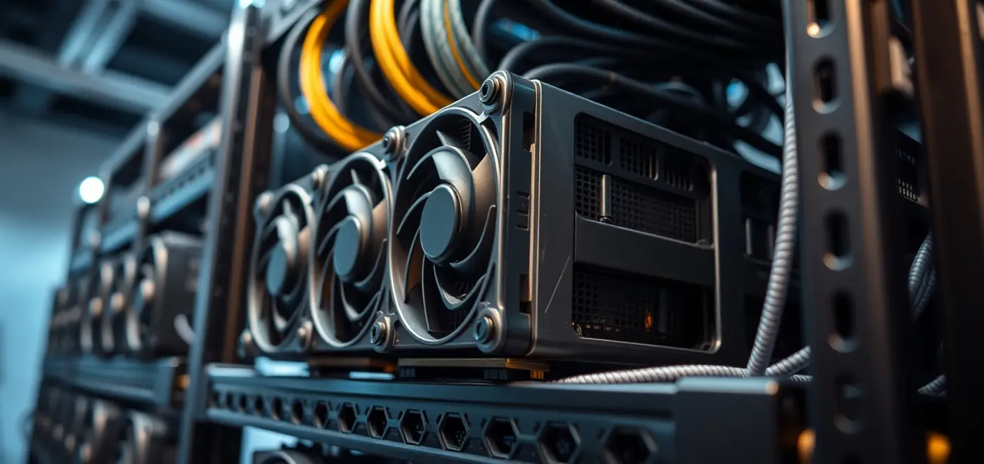 High-resolution image of Bitmain Antminer S21 ASIC mining hardware showcasing detailed design, specifications, and power components with S21 hashrate and profitability data graphics