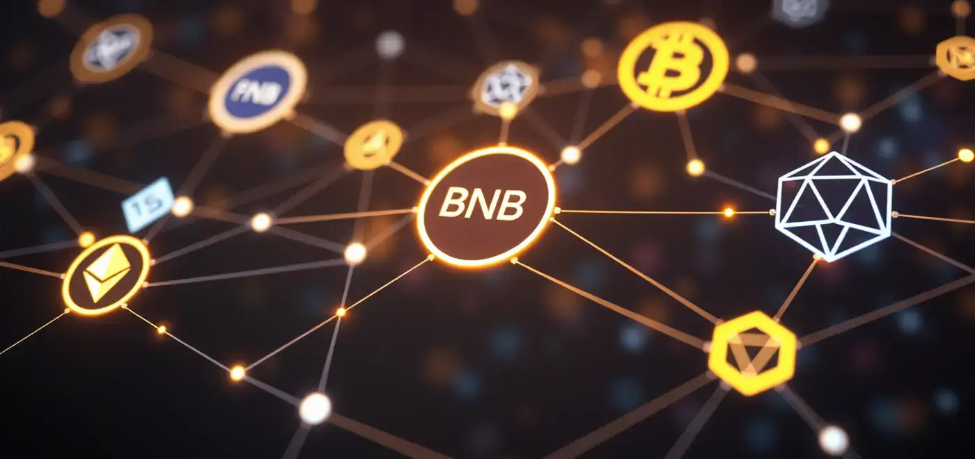 Visual representation of DeFi interoperability showcasing cross-chain swap with connected multichain protocol and bridge token symbols in a digital futuristic network