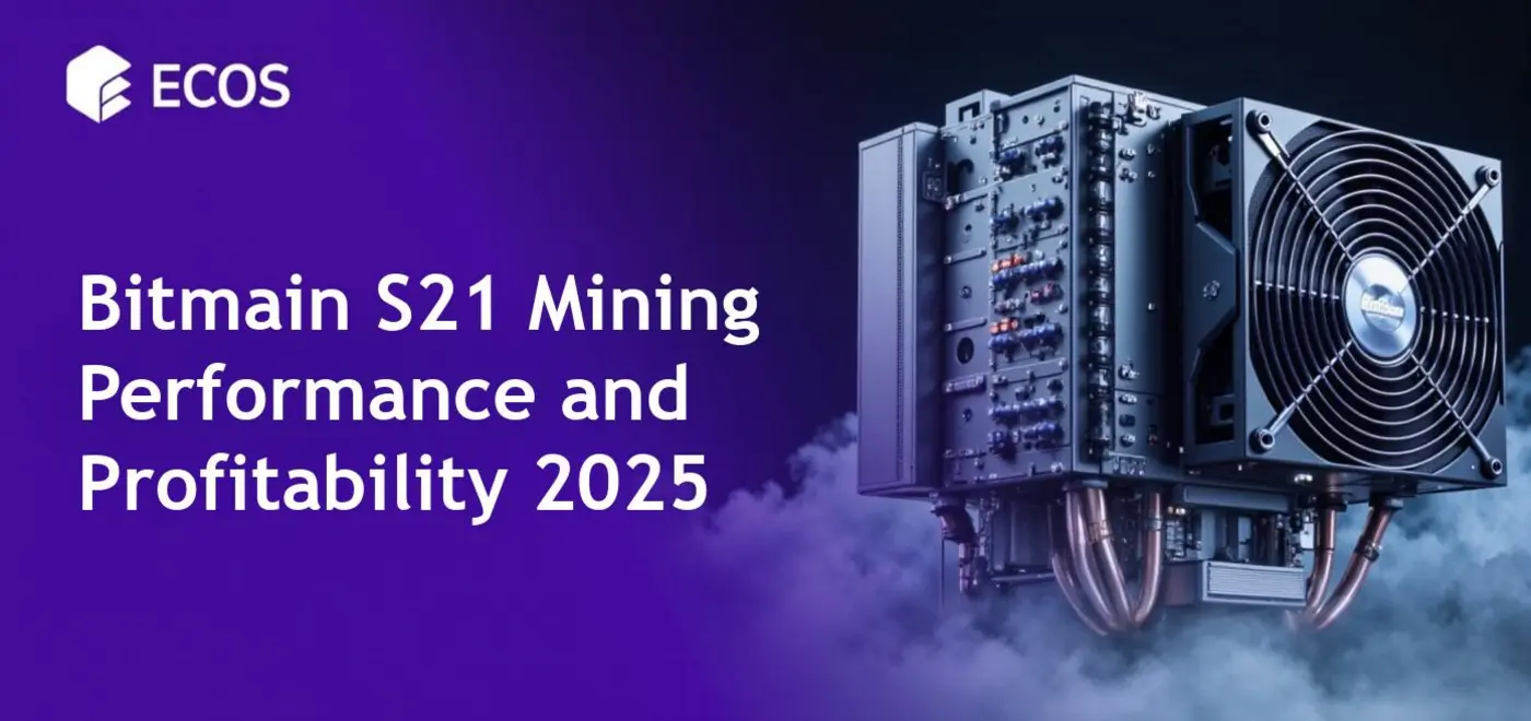 Close-up of Bitmain S21 Antminer showcasing its metallic structure and cooling fans with data overlays highlighting hashrate, power consumption, and profitability stats