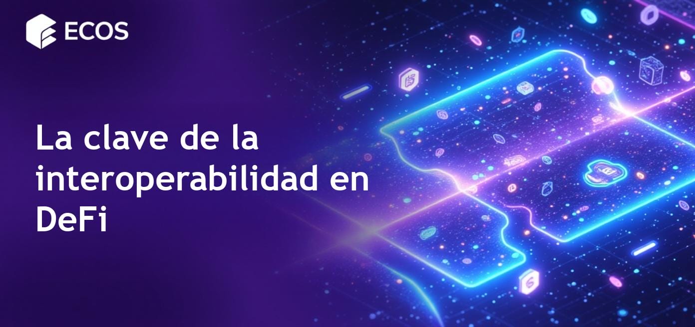 Ilustración de redes blockchain interconectadas que demuestran interoperabilidad en ecosistemas DeFi con intercambios entre cadenas, protocolos multichain y tokens puente