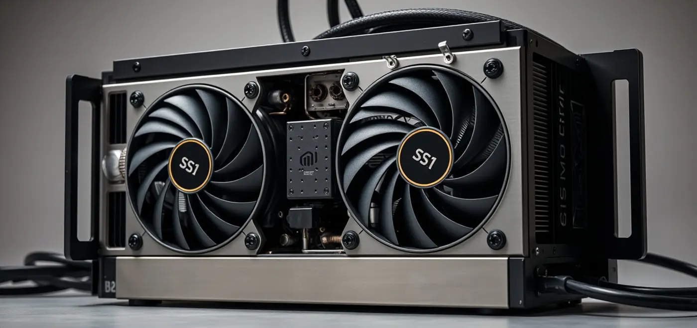 Close-up of Bitmain S21 Antminer showcasing its metallic structure and cooling fans with data overlays highlighting hashrate, power consumption, and profitability stats