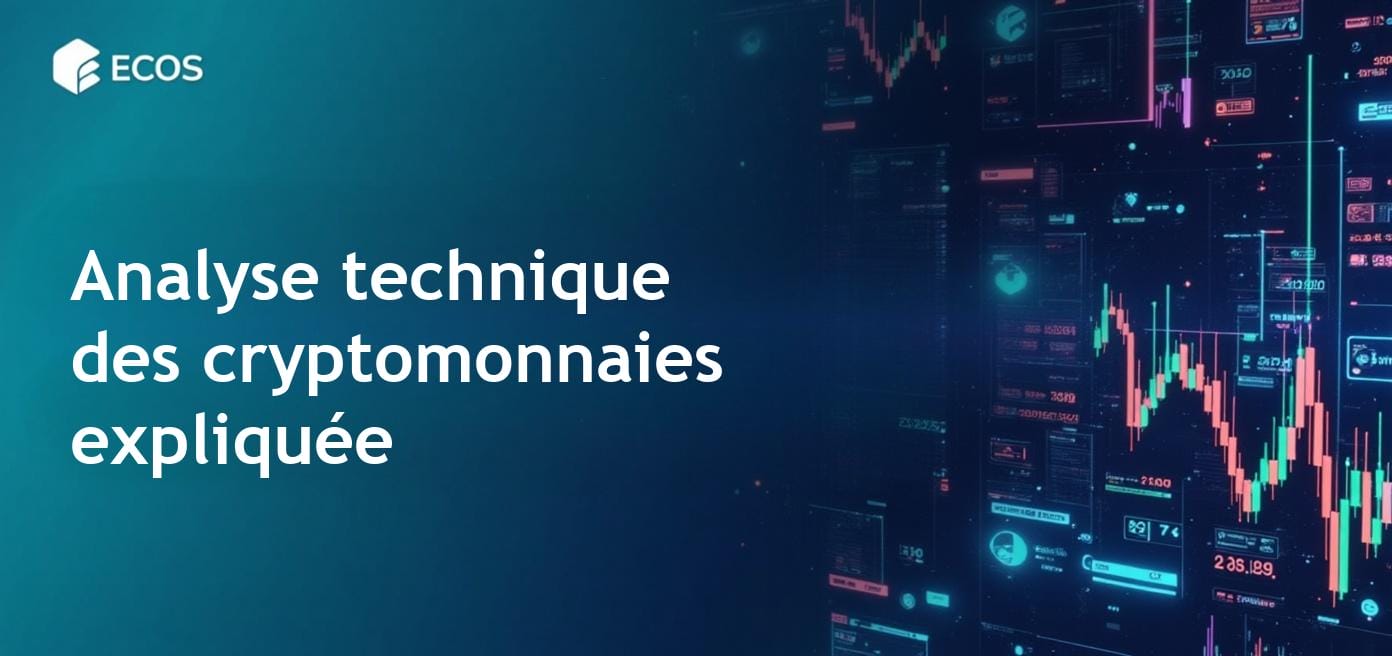 Analyse technique des cryptomonnaies avec des graphiques et des indicateurs sur fond coloré.