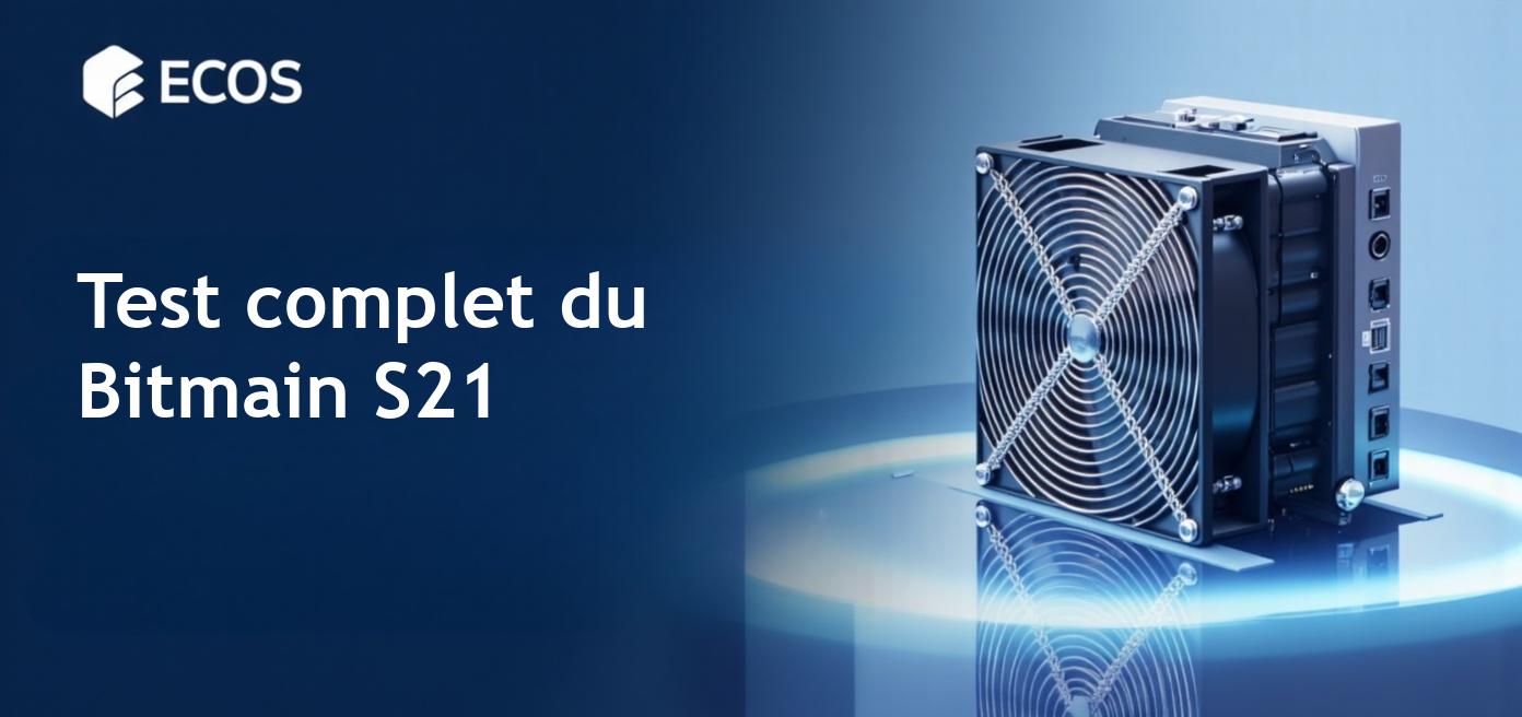 Détail du Bitmain S21 Antminer montrant sa structure métallique et ses ventilateurs de refroidissement avec des superpositions de données sur le hashrate, la consommation d'énergie et les statistiques de rentabilité.