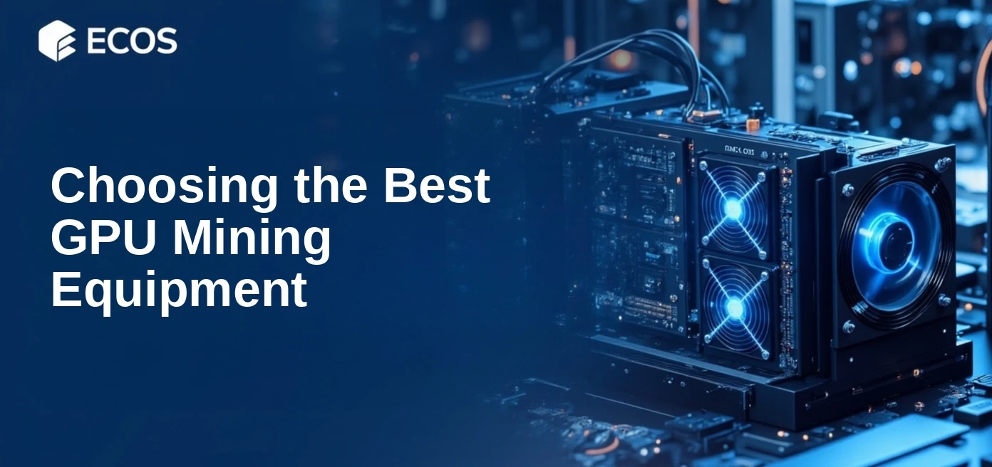 High-tech GPU mining rigs set up in an industrial mining facility with cool blue lighting and metallic reflections showcasing cryptocurrency mining equipment