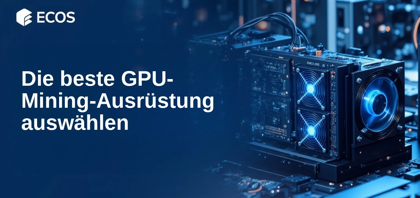 Hightech-GPU-Mining-Rigs in einer industriellen Mining-Anlage mit kühlem blauen Licht und metallischen Reflexionen, die Kryptowährungs-Mining-Ausrüstung zeigen