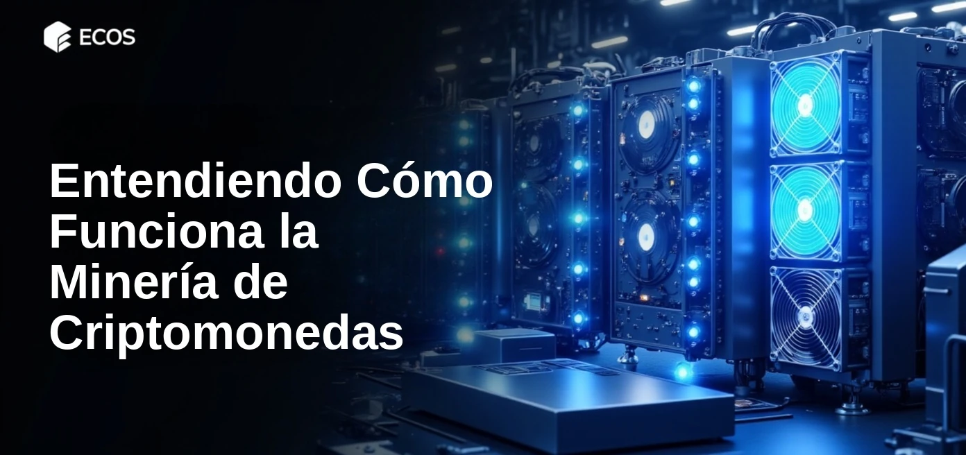 Vista de cerca de un rig de minería de criptomonedas de alta tecnología con múltiples unidades ASIC dispuestas en una instalación industrial de minería bajo una luz azul fría que resalta las superficies metálicas y destellos eléctricos, enfatizando la tecnología Blockchain y los procesos de minería de moneda digital.