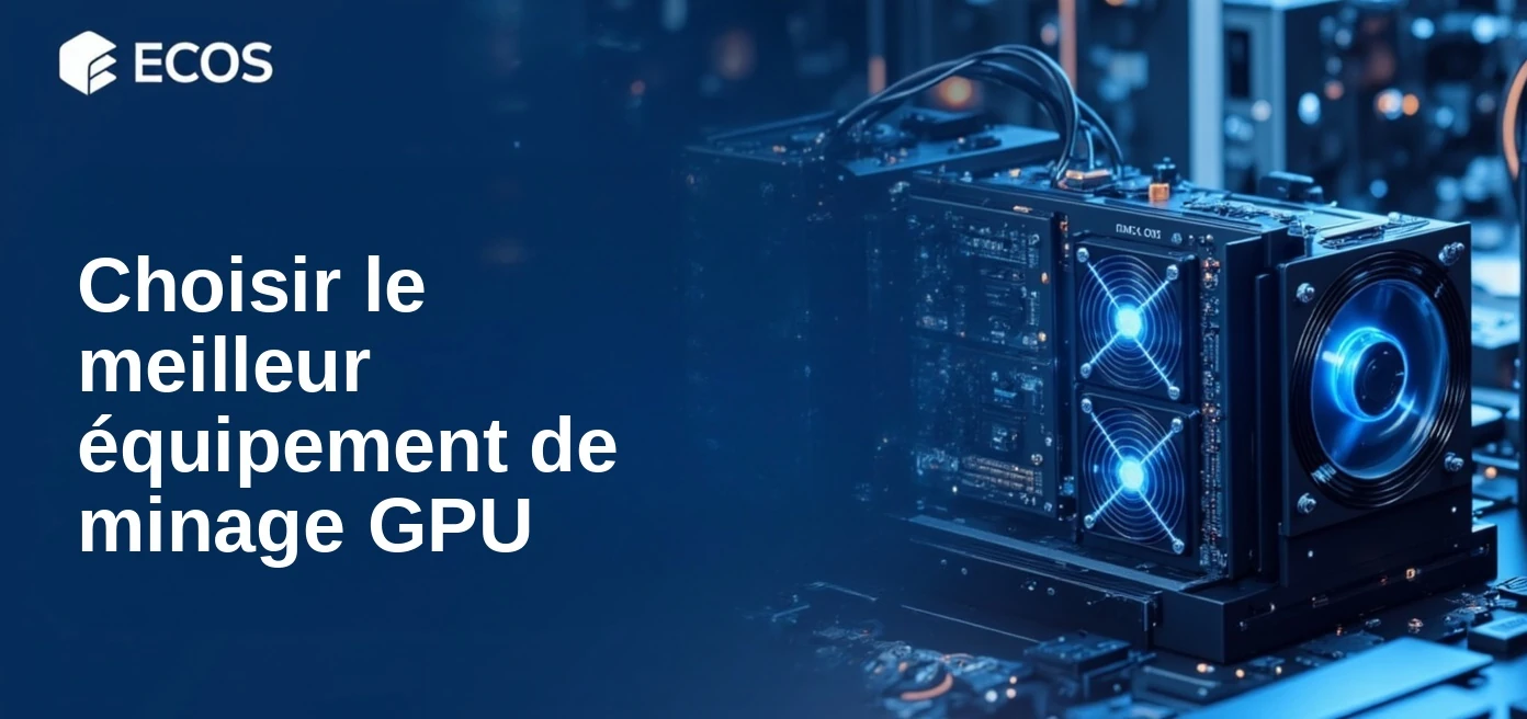 Rigs de minage GPU high-tech installés dans une installation industrielle, avec éclairage bleu froid et reflets métalliques, mettant en valeur du matériel de minage de cryptomonnaies