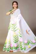 Buy White Cotton Saree with Handprinted Fabric, $ 1,713