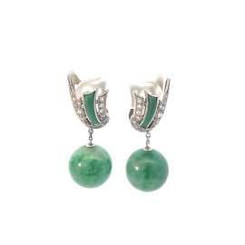 White Gold Vintage Diamond Jade Ball Drop Earrings, ps 4,000