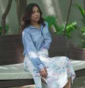 Buy Satin Blue Shirt and White Floral Skirt Online, $ 0