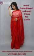 Hand Embroidered Lucknowi Chikan Red Saree, $ 9,999