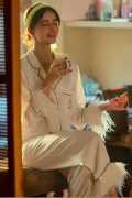 Buy Ananya Pandey Pj Satin Night Suit Set With Fur, ₹ 3,190