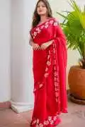 Bright Red Handmade Cotton Saree with Shiuli Print, Kolkata