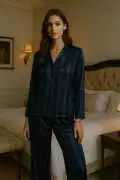 Buy Blue Satin Night Suit Set in Stripes For Women, ₹ 2,490
