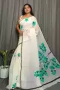 White Pure Mull Cotton Saree with Hand Printed , $ 1,944