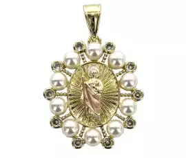 San Judas Gold-Plated Pendant with Pearl Stone, $ 3