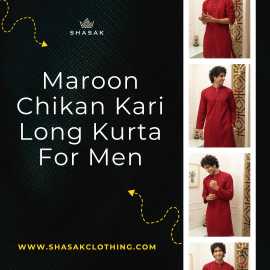 Maroon Chikan Kari Long Kurta For Wedding, $ 2,500