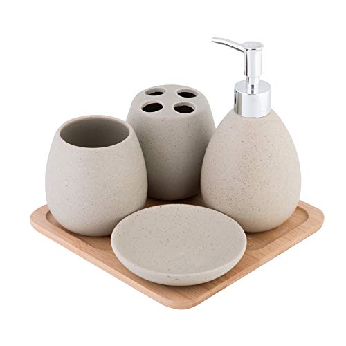 Axentia 126822 – Set accessori da bagno Avignon, in pregiata ceramica e bambù, marrone, 23 x 30 x 11 cm