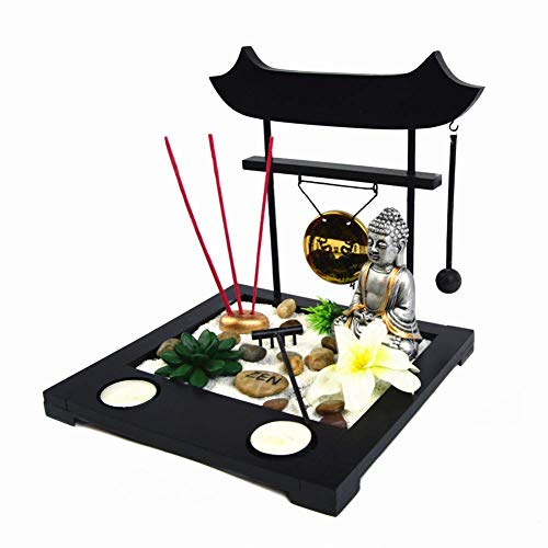 Giardino Zen Torii con Figura di Buddha Argento con Due candeliere E Tre inciensios Stile Giapponese Thai Dare Buona Fortuna E WiFi Ideale Regalo