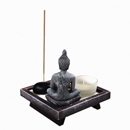 OM HOME Giardino ZEN - Statuetta Buddha su vassoio seduta, portacandele supporto per bastoncini di incenso decorazione - 1