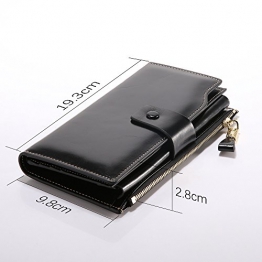 Portafoglio Donna di Vera Pelle di Mucca Trattata con Olio di Cera, Capacità Extra-Large con Scatola Regalo, Bloccaggio RFID, Sezione con Cerniera per iPhone 8/7plus, 20 Slot per Carte (Nero) - 1