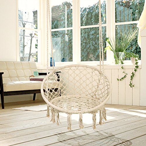 Sedia Sospesa ad Altalena, Sedia Hanging con cuscini, Lavorata a maglia con Corda in Cotone, Sedia Amaca ad Altalena per Interni/Esterni, Patio, Terrazzi, Cortile, Giardino, Bar Poltrona sospesa