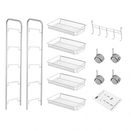 Carrello per Cucina, Cozzine Scaffale Metallo con 5 Ripiani in Acciaio e 5 Ganci Laterali, Estetista 4 Ruote Girevoli, Carrello Portaoggetti per Parrucchiere, Bagno, 44,00 x 26,00 x 102,00 cm, Argento - 1