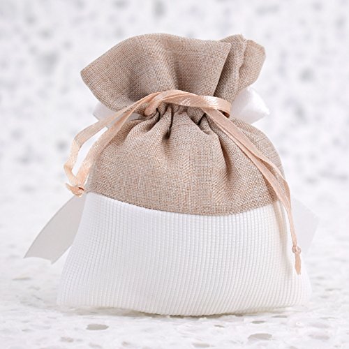 Fai da Te 20 Sacchetti Porta Confetti Bianchi con Rosa in Gesso – per Battesimo – Comunione – Cresima – 18 Anni – Compleanno (Beige) – Bigliettini Personalizzabili Omaggio