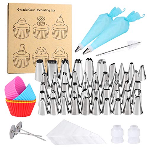 Gyvazla 73 Pezzi Decorazione Torte, 50 Punte in Acciaio Inox, 2 Silicone Riutilizzabili Pasticceria, 2 Accoppiatori, 2 Fiori Unghie, Caso e Spazzola, 10 Sacchetti di Monouso e 5 Stampi in Silicone