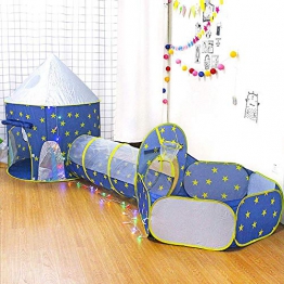 Hamkaw Tenda Bambini 3 in 1 Tunnel Bambini Gioco,Interno/Esterno Tunnel Gioco e Play Tent,Pop Up Tenda Gioco Bambino Richiudibile Kids Play House,Blu - 1