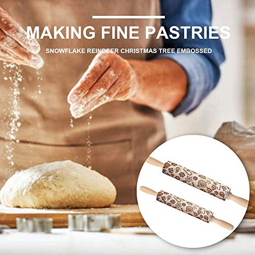 JVSISM Mattarello in Legno di Natale, Albero di Natale Decorazione a Forma di Mattarello, con Manico Inciso Simboli di Natale Intagliato per Biscotti Pasta da Forno in Rilievo, (35cm)