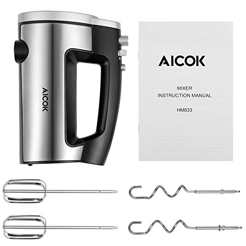 Sbattitore Elettrico In Acciaio Inox Con 6 Velocità Turbo 2 Set di Fruste Ganci in Acciao Inox BPA free, Sbattitore Professionale per Impasti, Uova, Dolci, Argento, 300W