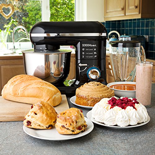 Sensio Home Robot Cucina Frullatore Miscelatore 2-in-1 | Motore Elettrico 1000W | Impastatrice, Battitore, Paraspruzzi, 6 velocità | Ciotola in Acciaio Inox 4,5 litri – Brocca di Vetro da 1,5 l