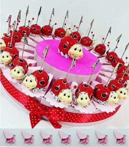 Sindy Bomboniere bomboniere coccinella clip portafoto su torta portaconfetti confetti rosa- Torta 20 fette + 20 coccinelle memoclip + coccinella cenrale + confetti rosa cioccolato APR - 1