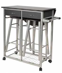 ts-ideen Set 3 pezzi Carrello Portavivande con ripiano estendibilee 2 sgabelli in Alluminio e MDF color Nero per Cucina o Sala da Pranzo - 1