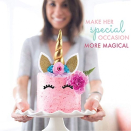 Unicorn Cake Topper Gold 3D con Ciglia e Unicorn Cupcake Topper Double Sided - Unicorn Party Decoration Set Bomboniera per Ragazze, Compleanno, Matrimonio e Baby Shower - 1