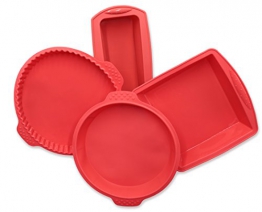 ZOLLNER24 Set di 4 stampi in Silicone, Include Una Cassetta ca.21x8,5x6 cm, Una Forma Rettangolare ca. 18x19x5 cm, tortiera Rotonda Ø 22 cm e tortiera Bassa Ø 25 cm, Colore Rosso, Serie “Back-4” - 1