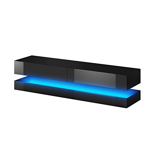 Aviator – Mobiletto porta TV sospeso / Supporto TV sospeso a parete (140 cm, nero opaco / pannelli frontali nero lucido con luci LED blu)
