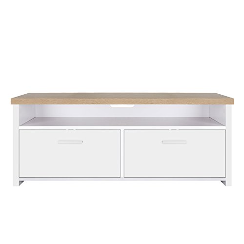 VASAGLE Mobile TV, Armadietto TV con Scaffale ad Ante, Mobile per TV, Comodino per TV, Lettore Dvd, Ricevitore, Bianco e Venature di Legno LTC01WN