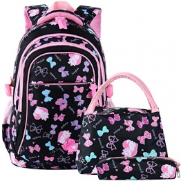 Vbiger Zaino Scuola Elementare Impermeabile per Bambina con Pranzo Astuccio Penna Astuccio (Nero) - 1