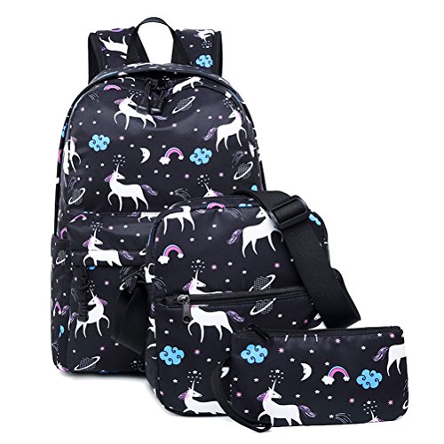 FEWOFJ Tela Zaino Casual Scuola Zaini Donna Ragazza Backpack Zainetto 3 in 1 Zaini + Borsa a tracolla + Astuccio (Nero Unicorno)