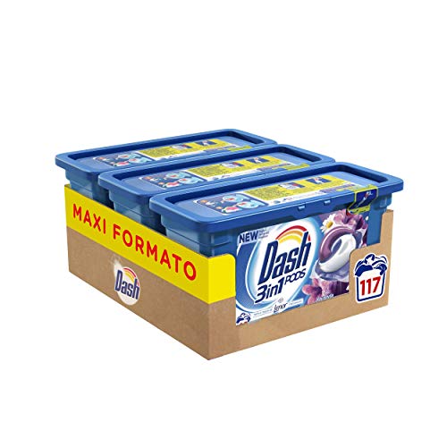 Dash 117 Pods 3 in 1 Detersivo Lavatrice in Monodosi Lavanda e Camomilla, Maxi Formato da 3 x 39 Capsule