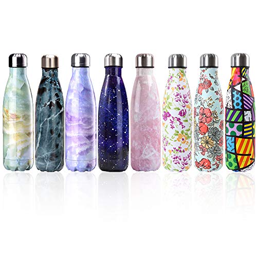 Bottiglia con doppio strato in acciaio inox,portatile BPA free bottle,viaggio per sport senza perdite costruita per non far formare condensa puoi bere sia bevande calde che fredde 17oz,Purple Flower